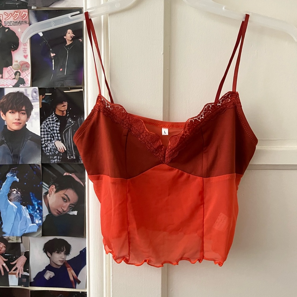 Women's Red Lace Trim Cami Top ❤️🧡✨